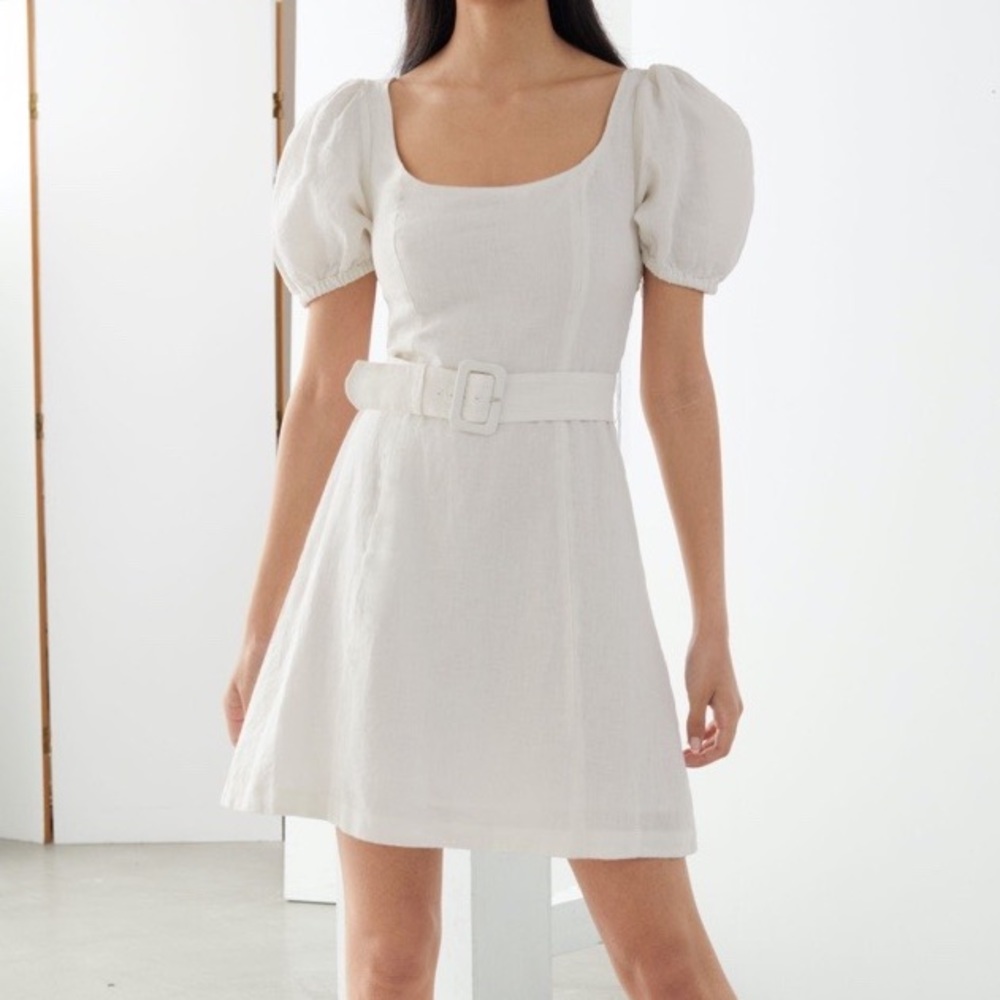 Linen Puff Sleeve Belted Mini Dress